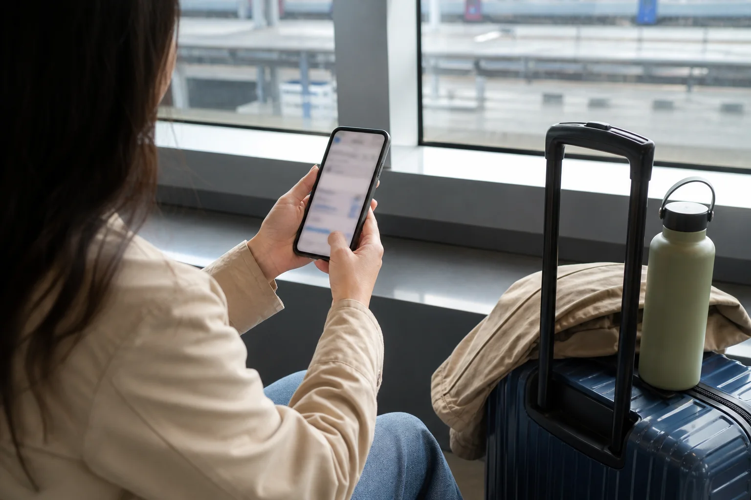 Traveler booking Seoul-to-Busan transport beside a packed suitcase
