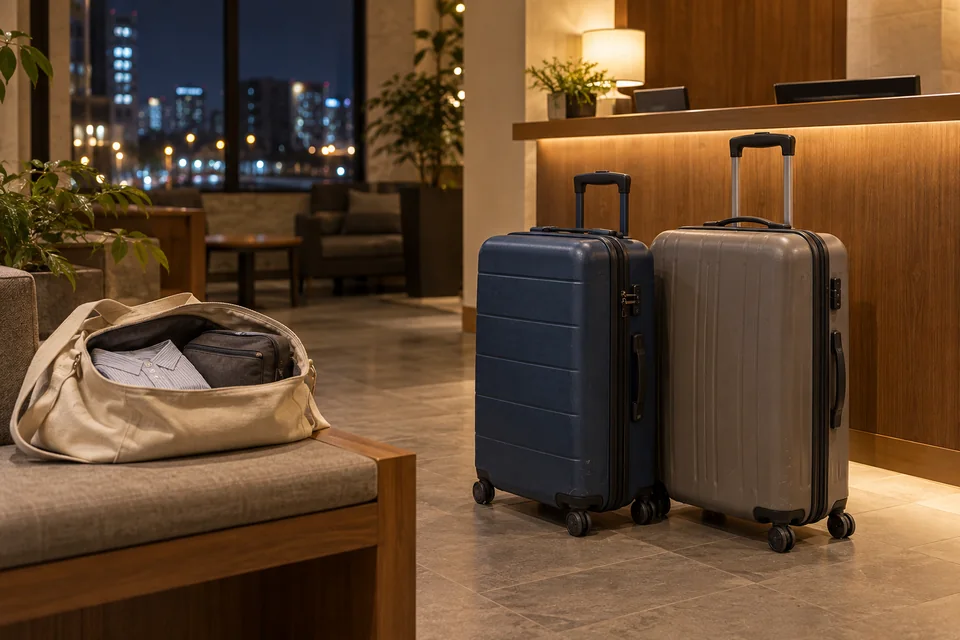 Two rolling suitcases beside a hotel reception desk at night, with a smaller bag holding clothes and toiletries