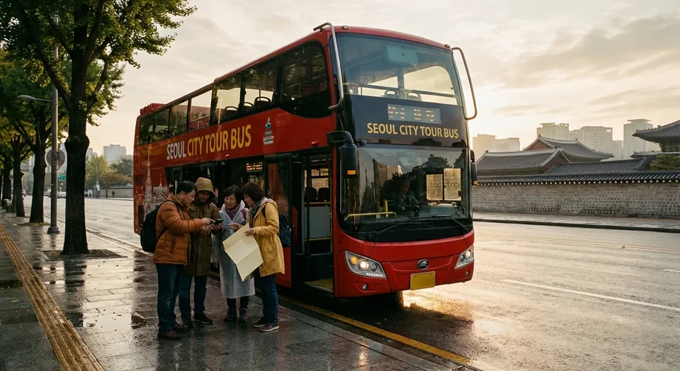 Travelers checking a phone beside a red sightseeing bus