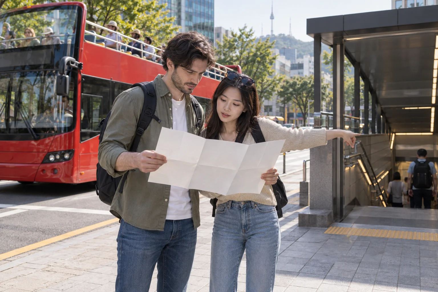 Travelers comparing a sightseeing bus and subway for a Seoul itinerary