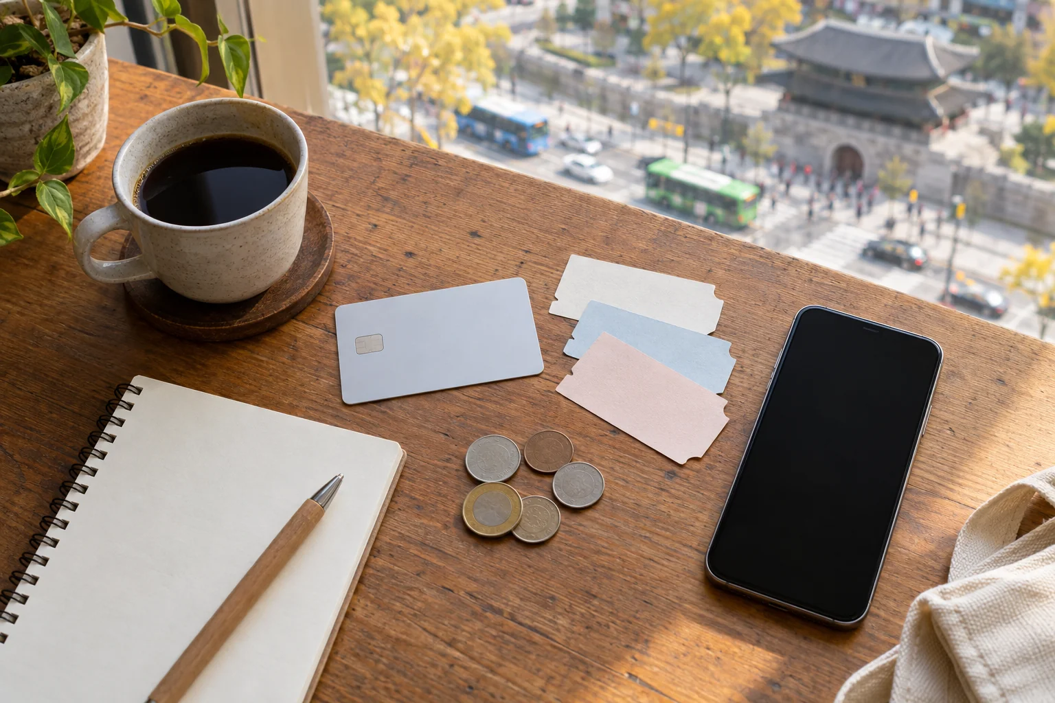 Blank transit cards and tickets arranged for a Seoul transport budget comparison