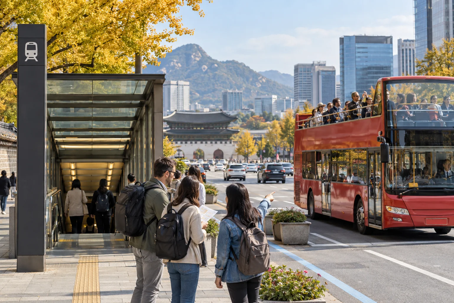 An open-top sightseeing bus beside a subway entrance in central Seoul