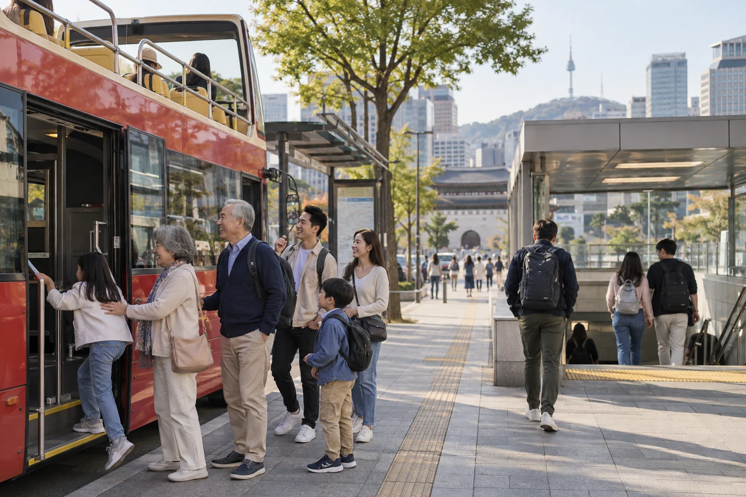 A family boarding a sightseeing bus while independent travelers use the subway