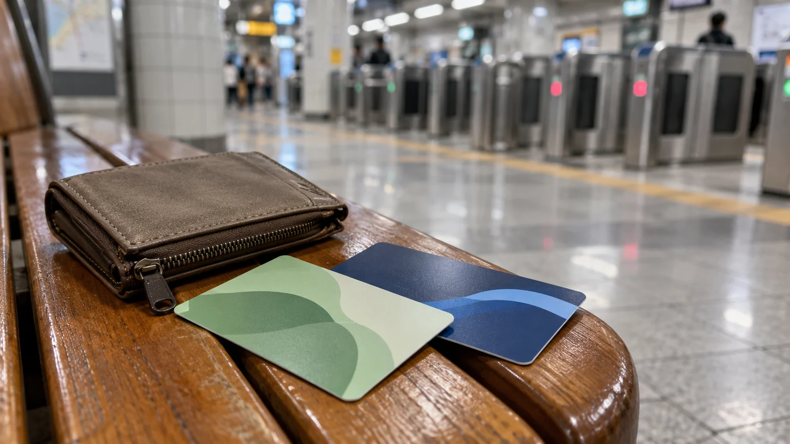 Two different plain transit cards beside a subway entrance.