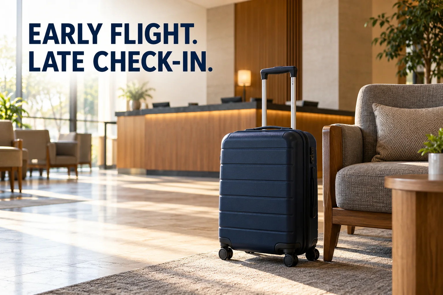 A suitcase beside a lounge chair in an imagined hotel lobby, with the editorial text Early flight. Late check-in.