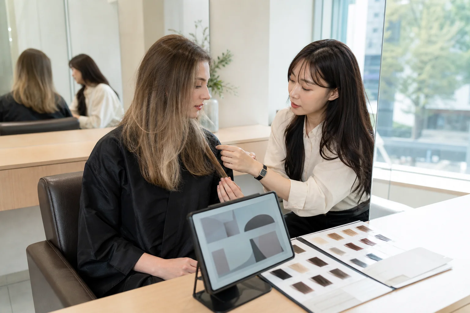 Hairstylist explaining how hair length and condition affect a salon service estimate