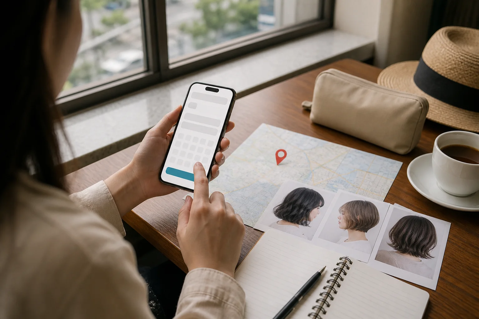 Traveler organizing hairstyle references and booking a Seoul salon appointment