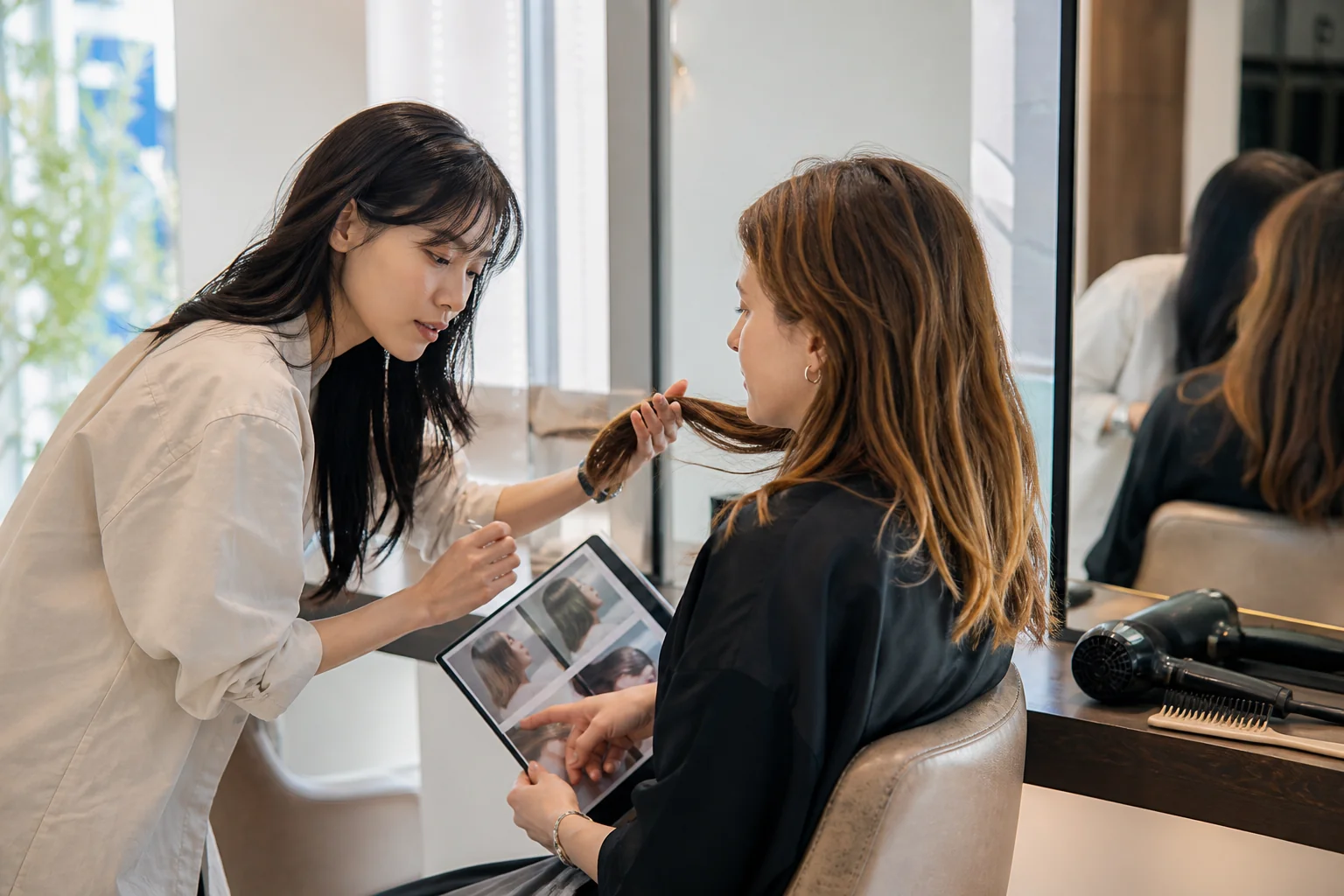 Traveler and hairstylist discussing previous color and daily styling before choosing a service