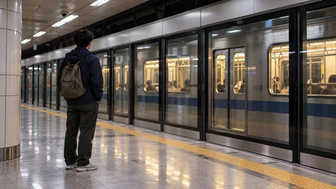 A traveler with a backpack facing a lit commuter train behind platform screen doors