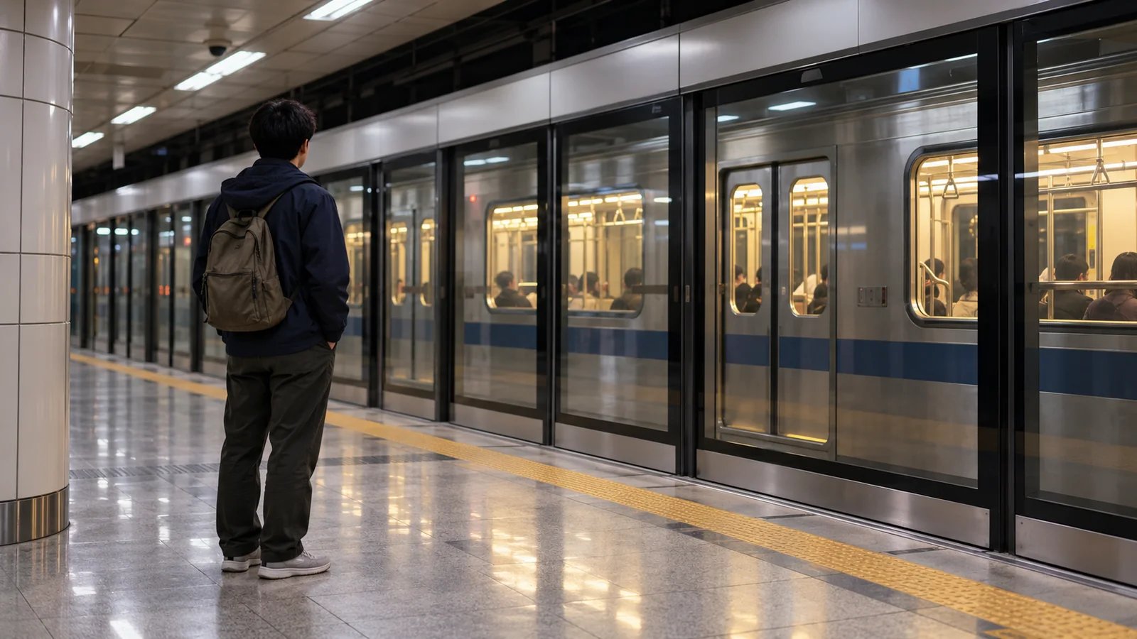 A traveler with a backpack facing a lit commuter train behind platform screen doors