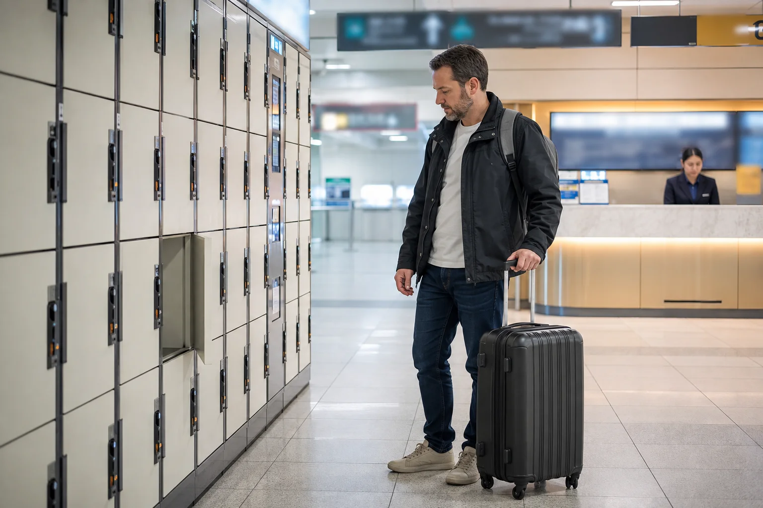 Traveler comparing a rolling suitcase with lockers in a Seoul subway station