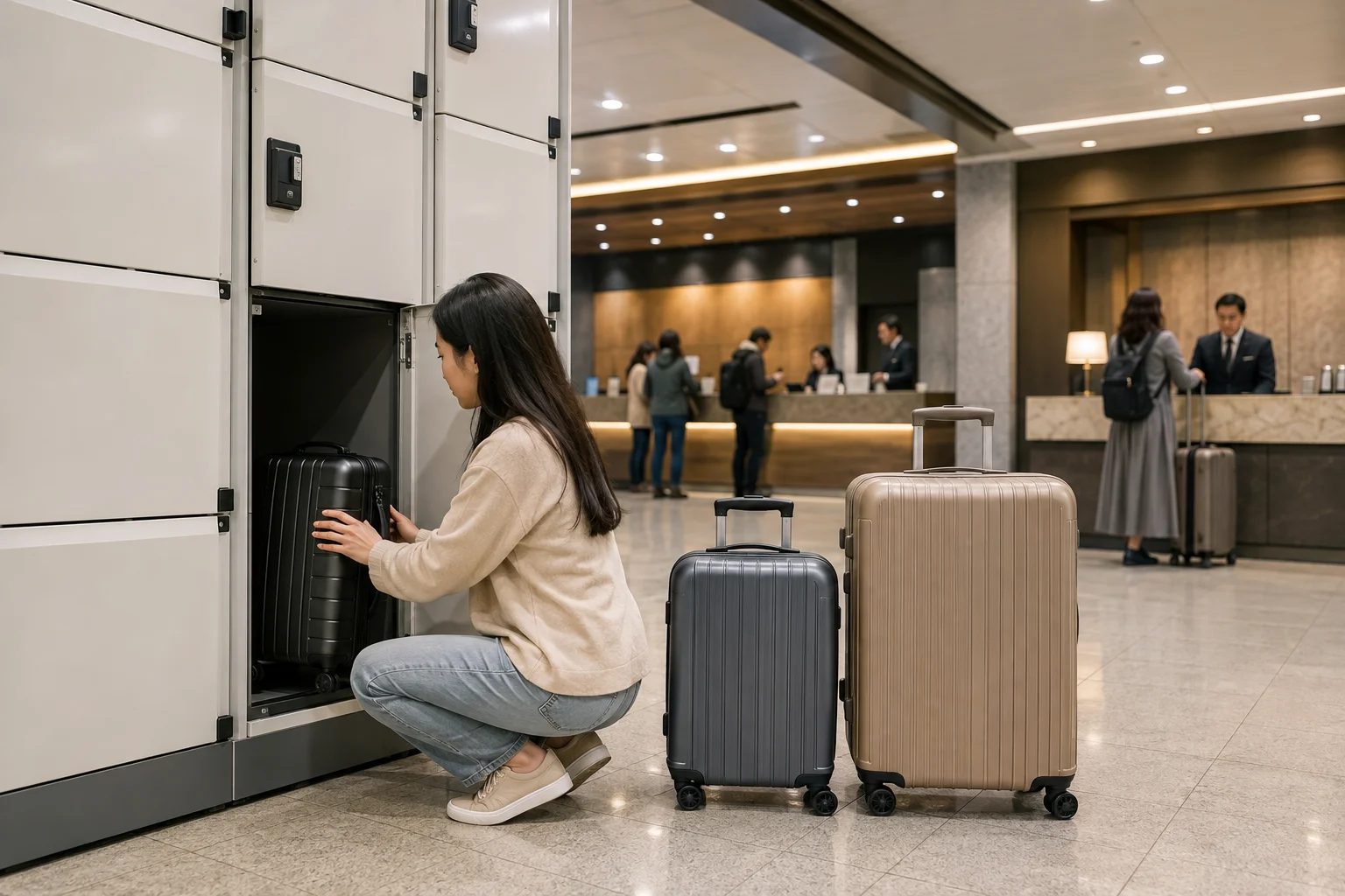 Traveler comparing carry-on and full-size suitcases beside station lockers and service counters