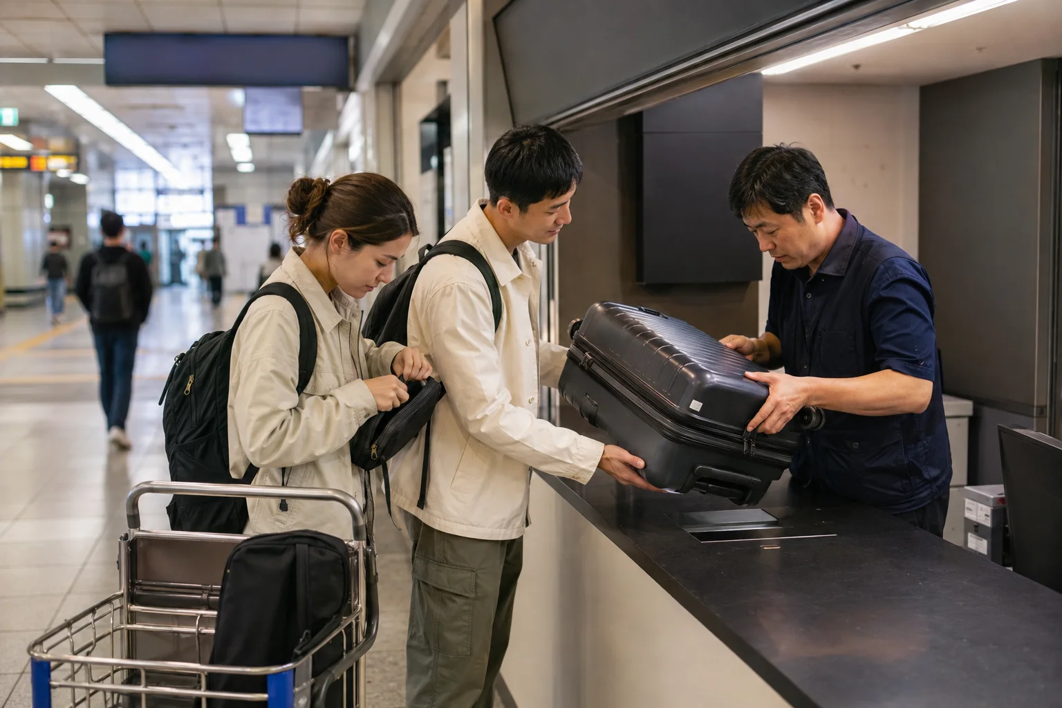 Travelers handing a large suitcase to a staffed storage counter in a Seoul station