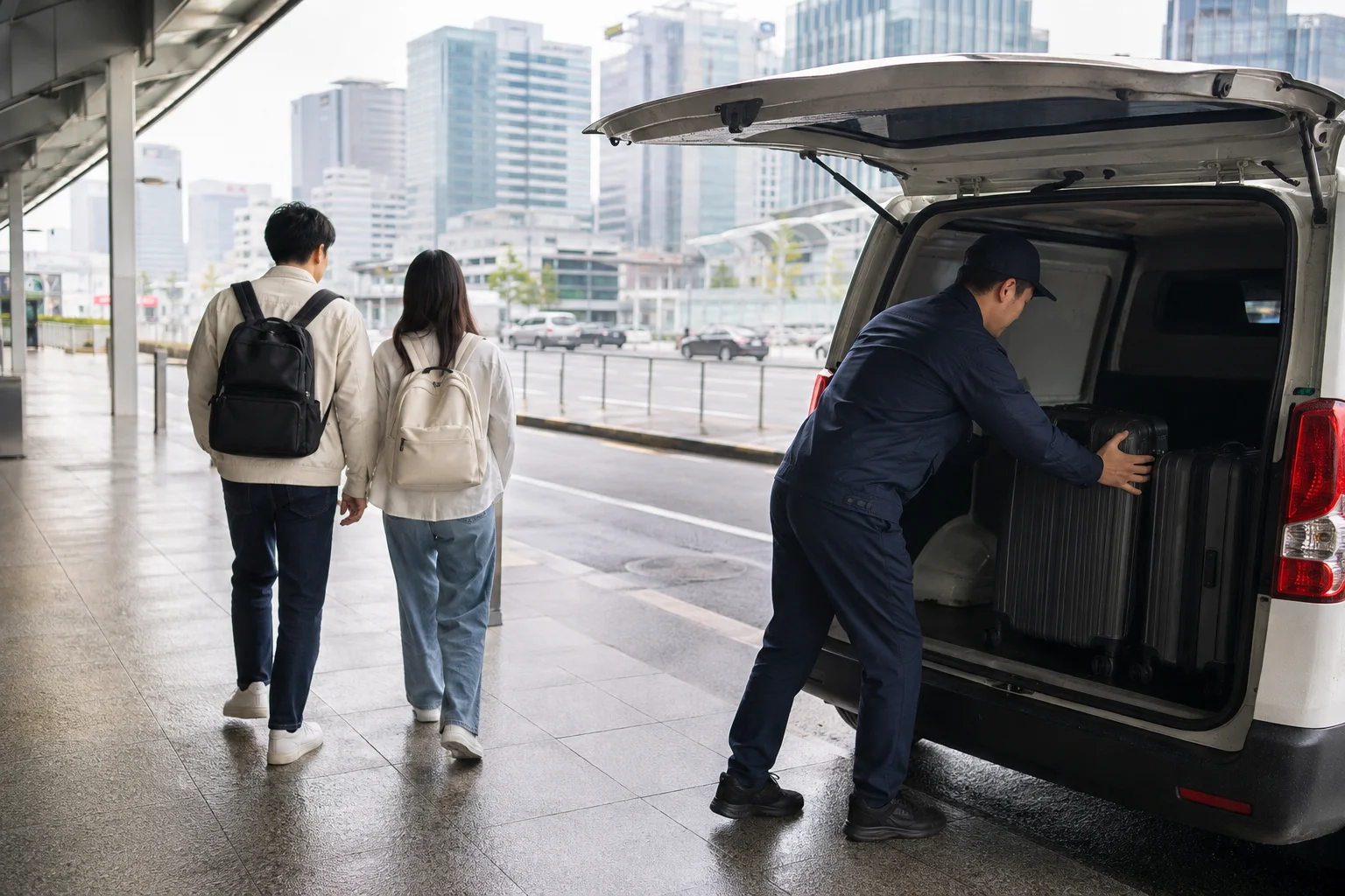 Courier loading suitcases into a delivery van as travelers begin a luggage-free day in Seoul