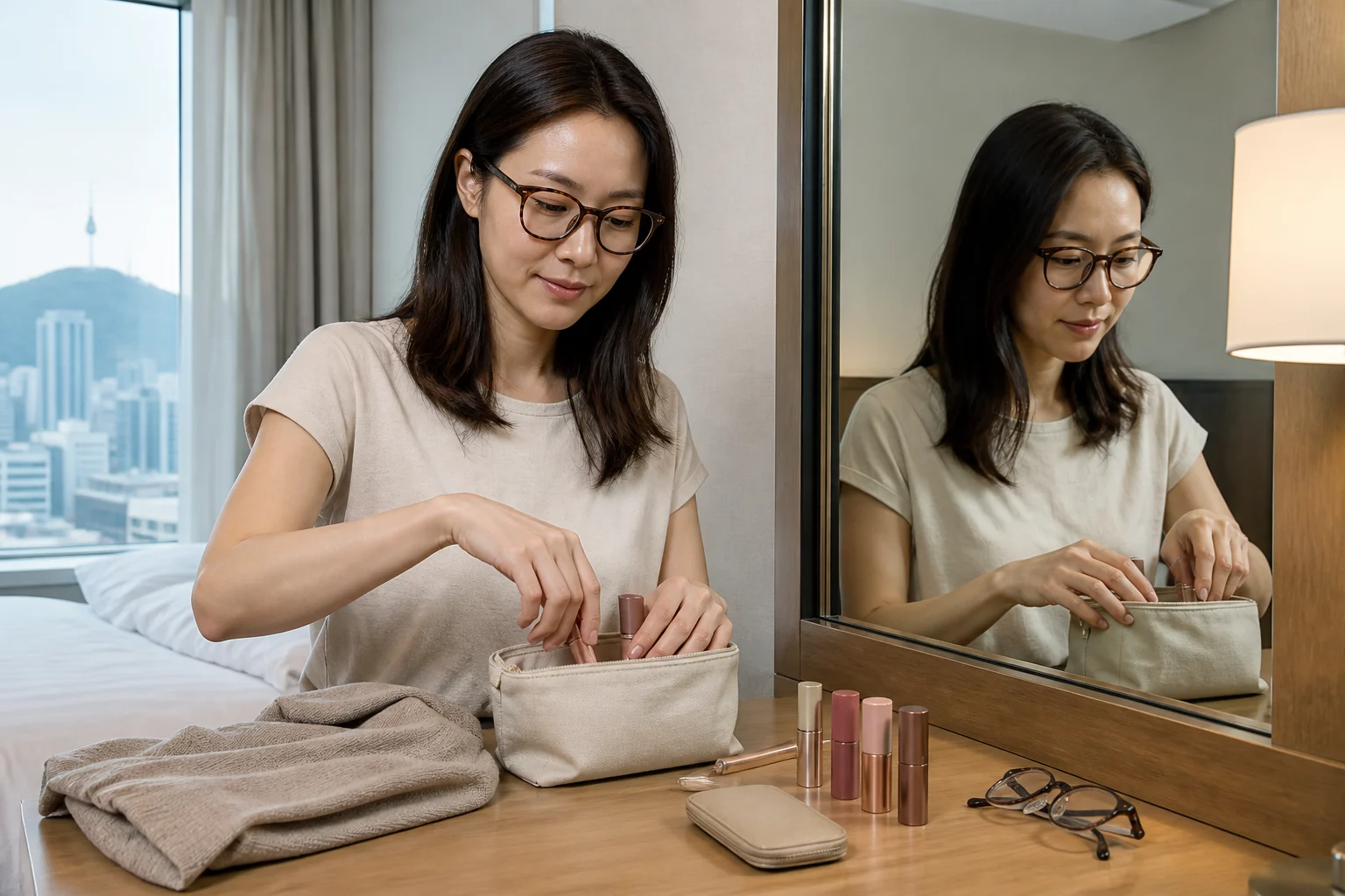 Traveler using a phone and color swatches while booking a Seoul appointment