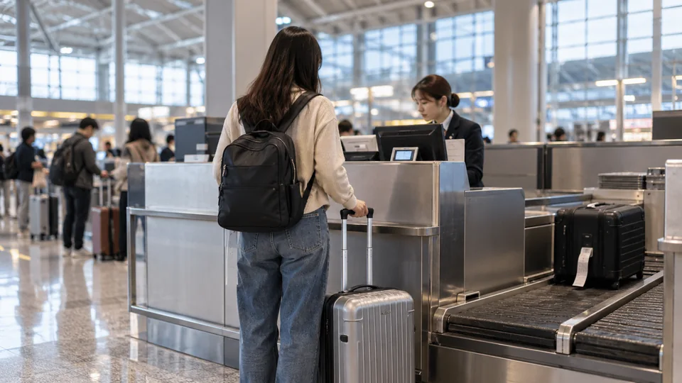 A traveler with luggage at an urban airport check-in counter.