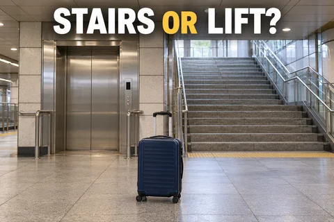 A suitcase beside an elevator and stairs in an imagined subway concourse, with the editorial question Stairs or Lift?