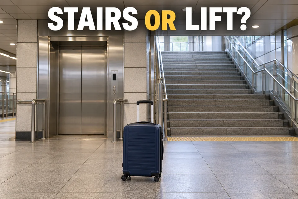 A suitcase beside an elevator and stairs in an imagined subway concourse, with the editorial question Stairs or Lift?