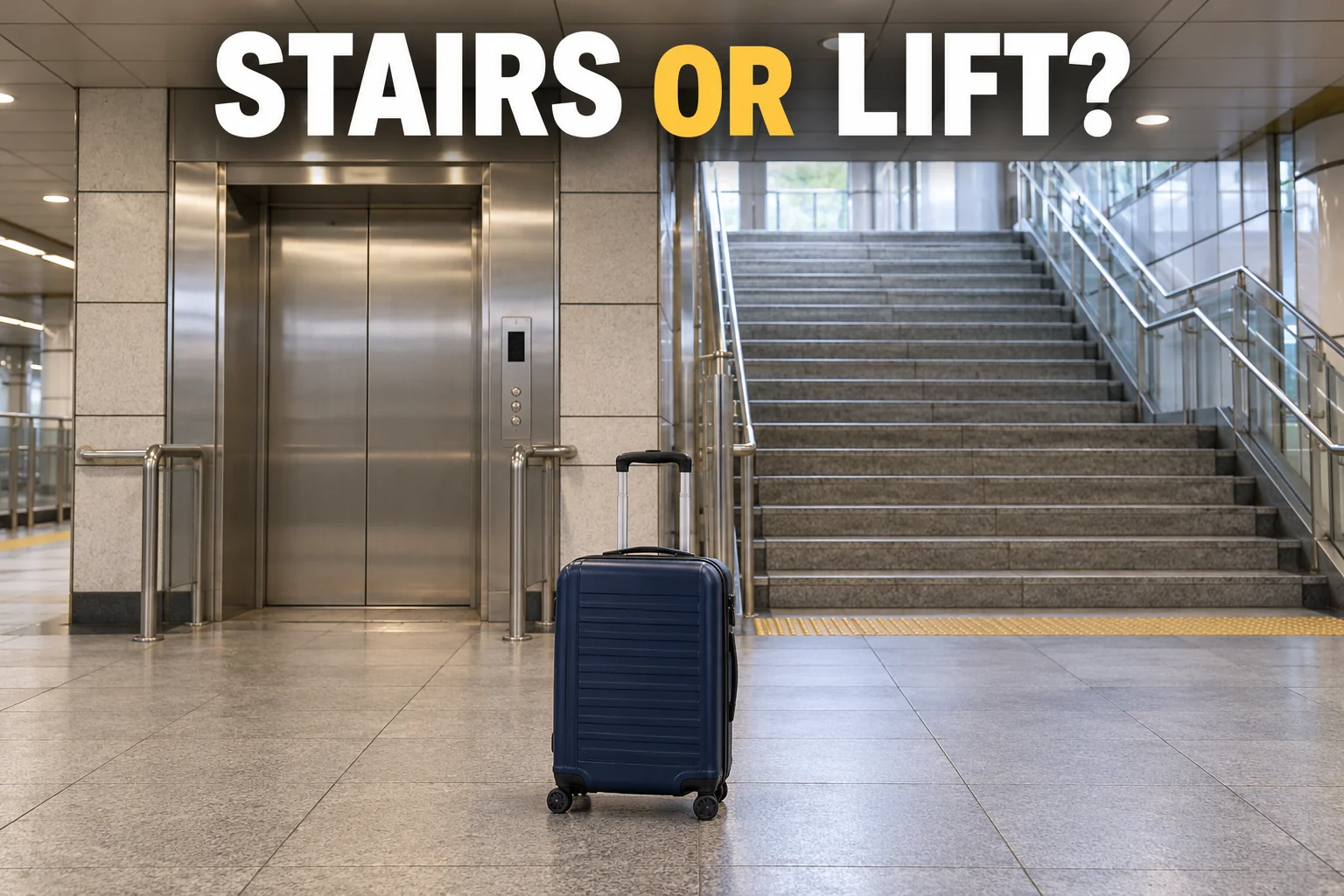 A suitcase beside an elevator and stairs in an imagined subway concourse, with the editorial question Stairs or Lift?