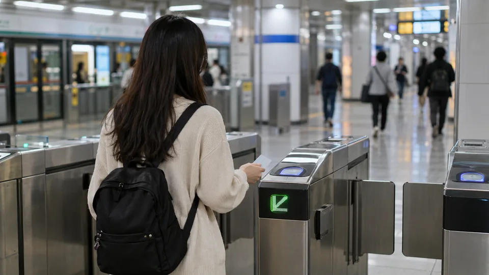 A traveler pausing with a transit card near a subway gate.