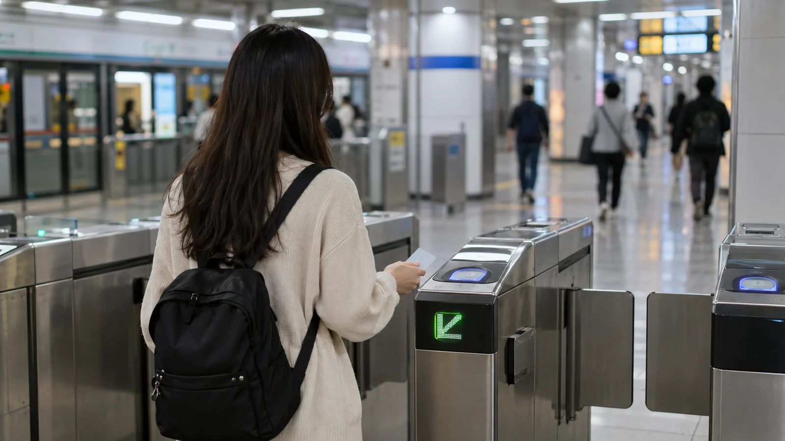 A traveler pausing with a transit card near a subway gate.