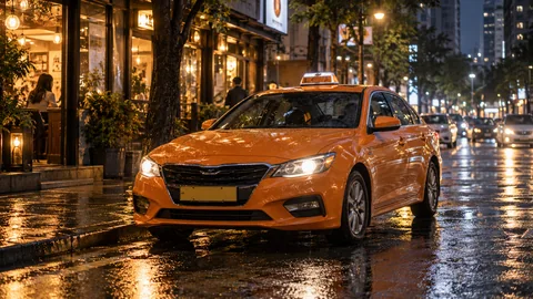 A Seoul-style taxi at a city curb after dark.
