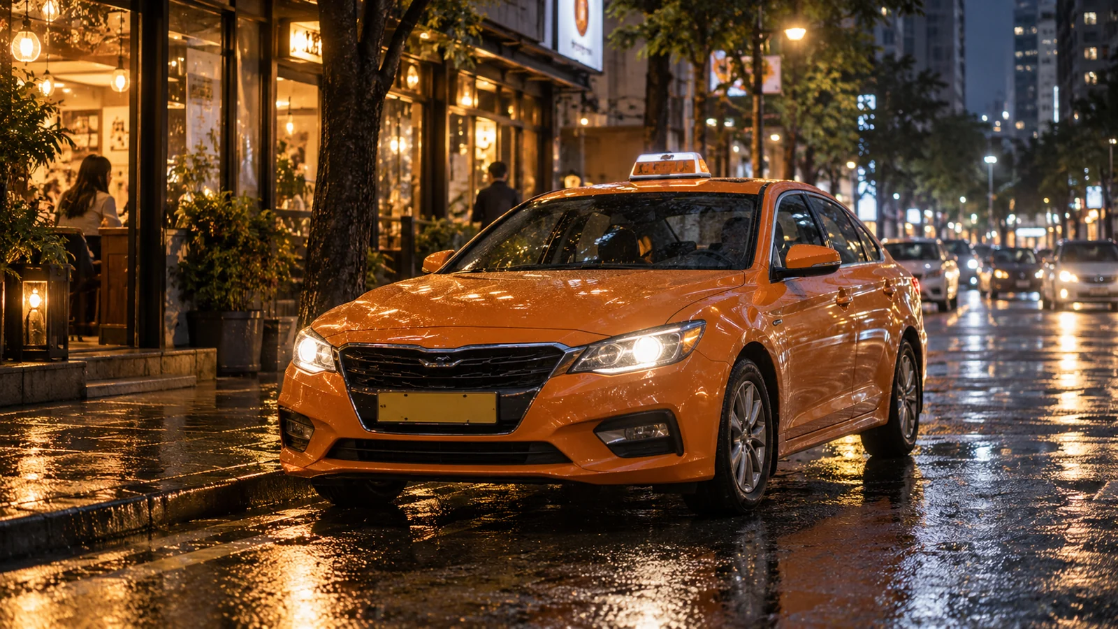 A Seoul-style taxi at a city curb after dark.
