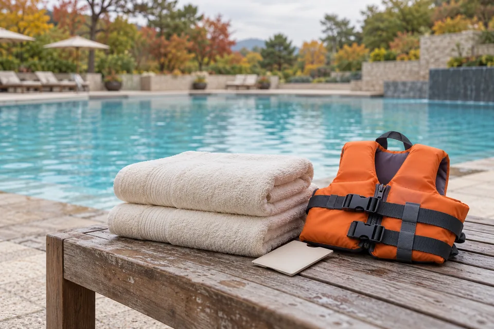Two folded towels, a child's orange life jacket and a plain room key sleeve beside a pool