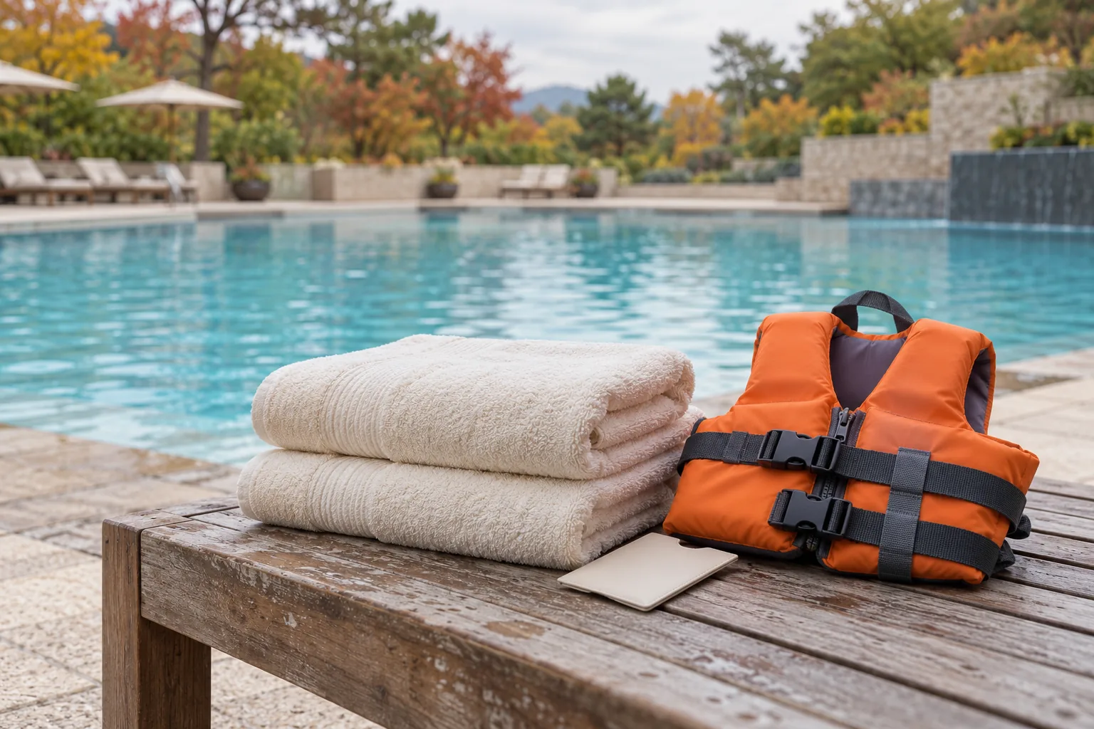 Two folded towels, a child's orange life jacket and a plain room key sleeve beside a pool