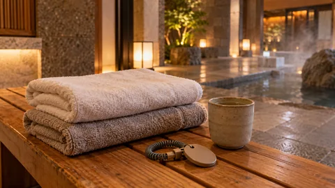 Folded towels and a locker key in a warm spa lounge.