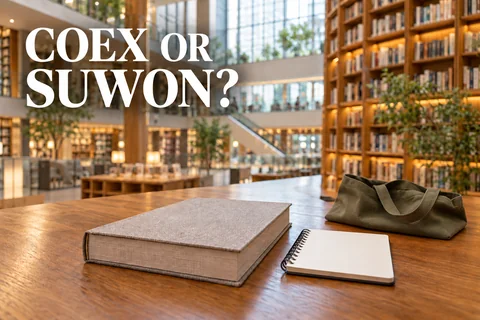 A book, notebook and tote bag on a reading table with the editorial question COEX OR SUWON?