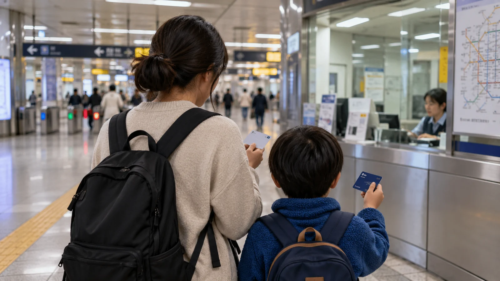 A parent and child preparing their own transit cards.