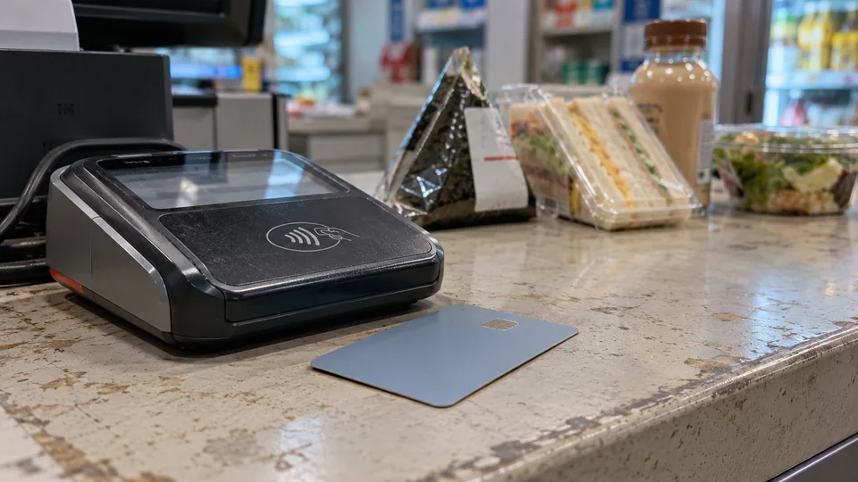 A transit card beside a convenience-store checkout.