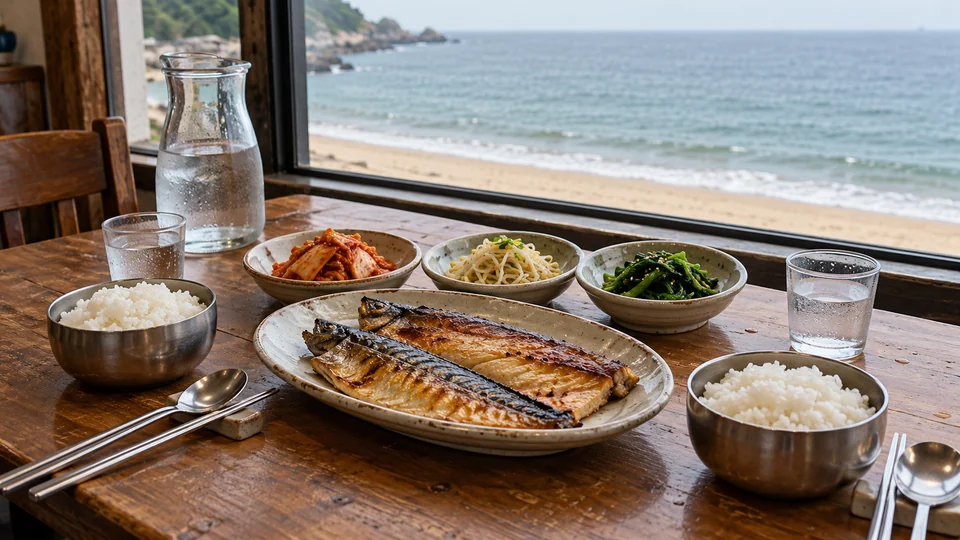 A shared grilled-fish meal with rice and side dishes beside a coastal restaurant window