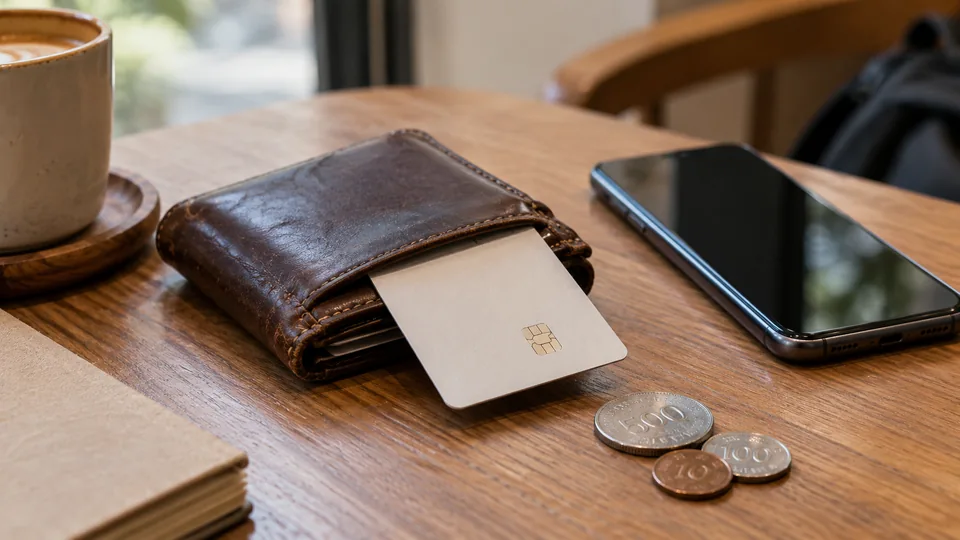 A travel payment card beside a phone and an everyday wallet.